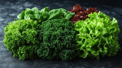 Fresh assortment of vibrant leafy greens including lettuce and kale on a dark textured background