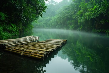 Naklejka premium A serene jungle river with bamboo rafts tied to the shore Dense vegetation reflecting in the still water under a soft morning mist