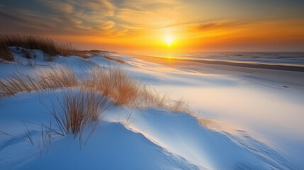 Dune Beach Sunset with Serene Coastal Sand and Vibrant Ocean Horizon at Golden Hour






