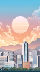 Urban sunset, vibrant mood, city skyline, digital illustration