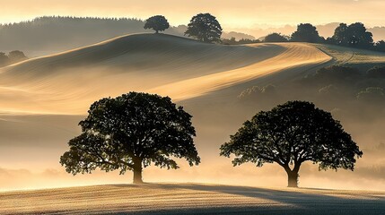 Serene Morning View: Foggy Fields and a Rustic Rural Homestead at Sunrise