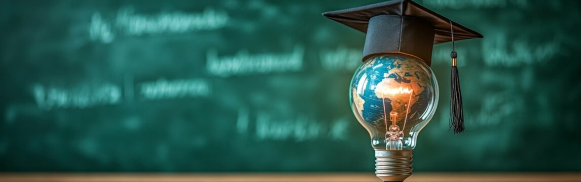 A creative visual of a glowing lightbulb with a globe and a graduation cap, symbolizing innovation in education and global learning. Great for educational content and academic campaigns.