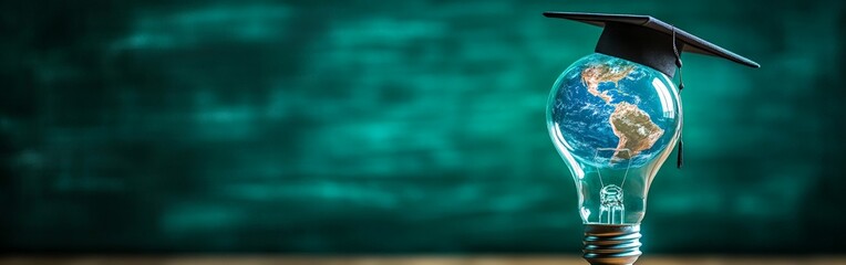 A creative visual of a glowing lightbulb with a globe and a graduation cap, symbolizing innovation in education and global learning. Great for educational content and academic campaigns.