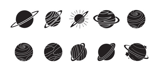 Collection of stylized black and white planets and sun