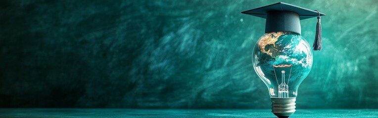 A creative visual of a glowing lightbulb with a globe and a graduation cap, symbolizing innovation in education and global learning. Great for educational content and academic campaigns.