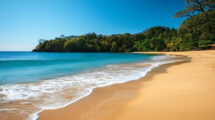 A calm tropical beach with soft golden sand, turquoise waves gently lapping against the shore