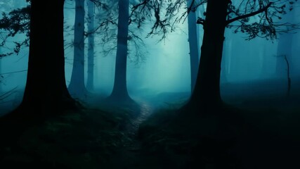 Pov view from a path in dark misty forest - Powered by Adobe