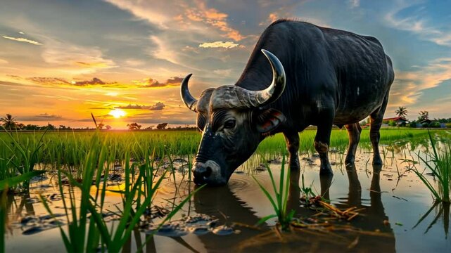 Water buffalo grazes in lush green rice field at sunset, reflecting vibrant colors of sky in serene landscape that embodies beauty of rural agriculture and nature.