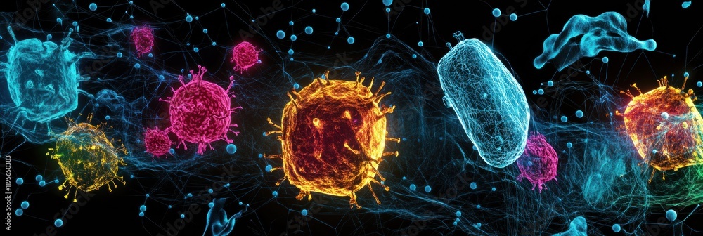 Poster visualization of antibodies attacking pathogens in a dynamic multi colored representation with intri