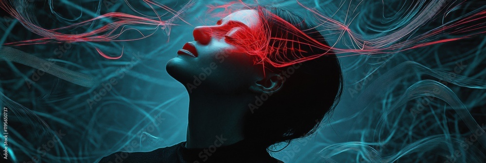 Poster person immersed in colorful abstract shapes and swirling lines at a creative event in an artistic sp