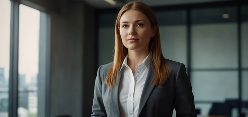 Confident businesswoman giving presentation, modern office, leadership