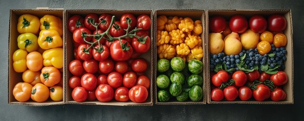Assortment of colorful fresh produce in cardboard boxes on dark background