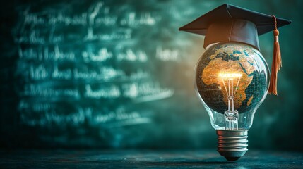 A creative visual of a glowing lightbulb with a globe and a graduation cap, symbolizing innovation in education and global learning. Great for educational content and academic campaigns.