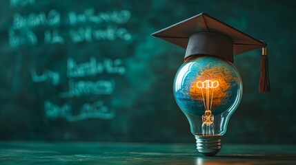 A creative visual of a glowing lightbulb with a globe and a graduation cap, symbolizing innovation in education and global learning. Great for educational content and academic campaigns.