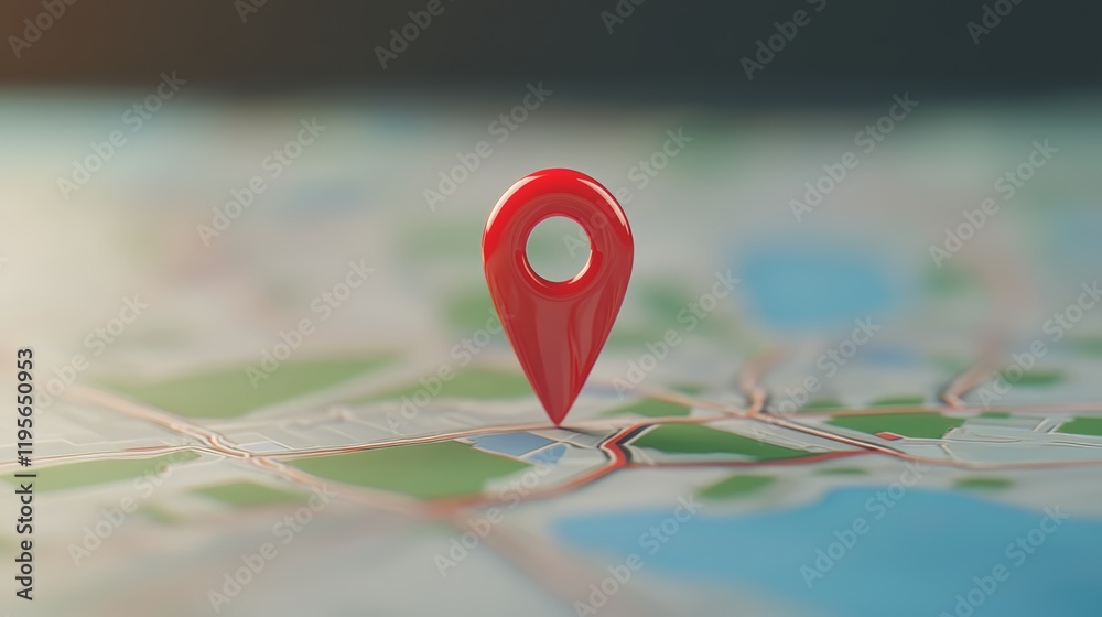 Poster Red push pin marking a precise location on a city map, symbolizing navigation and travel while highlighting the excitement of discovering new destinations and planning adventures