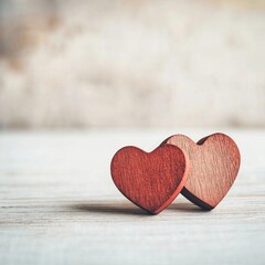 Fototapeta premium Two wooden hearts on rustic surface with soft neutral background