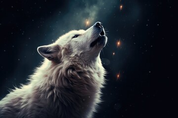 White Wolf Howling at Moon in Black Night Background. Generative Artificial Intelligence Depiction of Wildlife and Nature