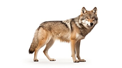 Wild Wolf in Isolation: Majestic Animal with Fierce Gaze on White Background