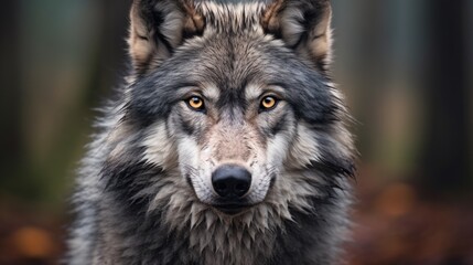 Fototapeta premium Wildlife Encounter: Canis lupus in its Natural Habitat - A Closeup Portrait of Grey Wolf, the Majestic Creature and Apex Predator