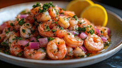 Freshly prepared shrimp salad with onions and herbs, garnished with lemon slices on a rustic table