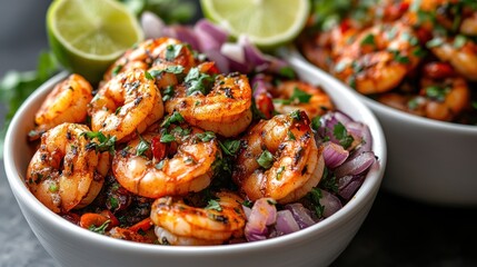 Grilled shrimp garnished with fresh herbs and lime served in bowls with colorful vegetables