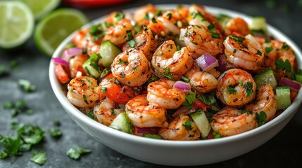 Fresh shrimp salad with vibrant vegetables and herbs, served in a bowl with lime wedges nearby