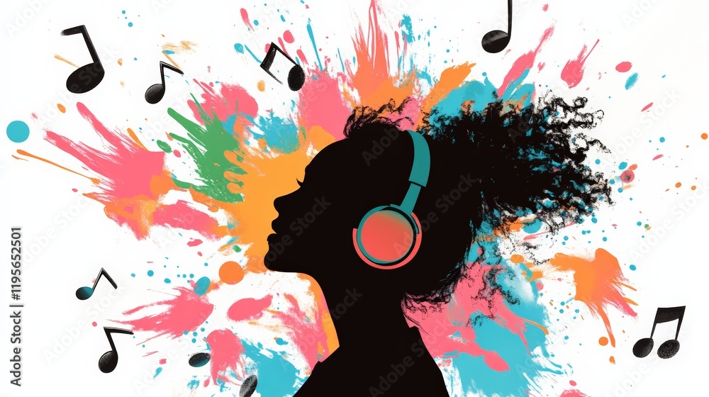 Poster silhouette of a female singer wearing headphones, surrounded by vibrant paint splatters and music no