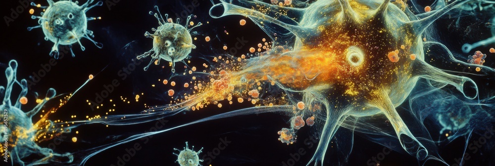 Leinwandbilder Magnified view of a human cell under attack by a virus showcasing dynamic interactions at a microscopic level. Generative AI