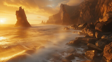 A dynamic coastal scene at the Basque Flysch in Spain, with long-exposure waves creating misty textures.