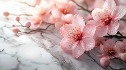 Elegant pink cherry blossoms on marble surface captivating nature's beauty