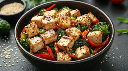 Colorful stir-fried tofu with vegetables in a bowl, garnished with sesame seeds on a dark surface