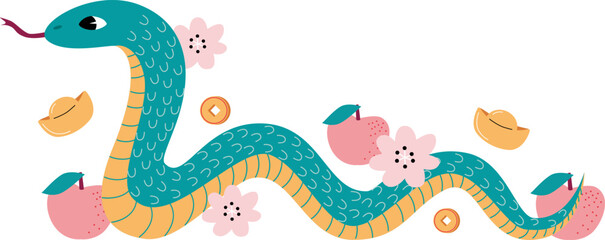 Obraz premium Cute snake with mandarin oranges and plum blossoms. Chinese zodiac green snake.