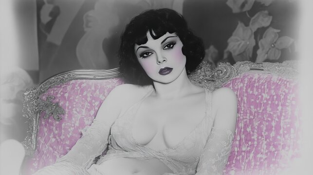 Elegant woman lounges in retro 1920s fashion with vintage decor and captivating style