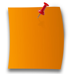 Orange paper sticky note with red push pin isolated on png background