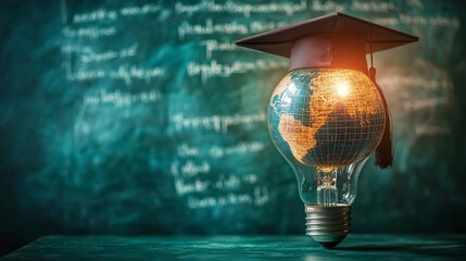 A creative visual of a glowing lightbulb with a globe and a graduation cap, symbolizing innovation in education and global learning. Great for educational content and academic campaigns.