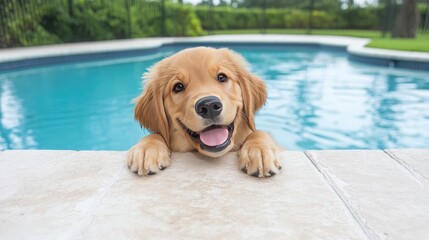 Close-up of a golden retriever dog inside a cage at a swimming pool, looking happy and relaxed near the water on a sunny day.