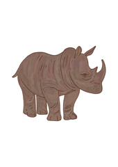 Hand-drawn retro illustration of a gray rhinoceros isolated on a transparent background. Monochrome flat wild and zoo animals in trendy brown color