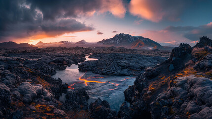 Naklejka premium A long exposure of the glowing lava fields at Fagradalsfjall in Iceland, with bright molten streams.
