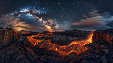 A long exposure of the glowing lava fields at Fagradalsfjall in Iceland, with bright molten streams.