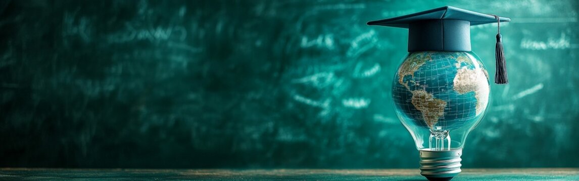 A creative visual of a glowing lightbulb with a globe and a graduation cap, symbolizing innovation in education and global learning. Great for educational content and academic campaigns.
