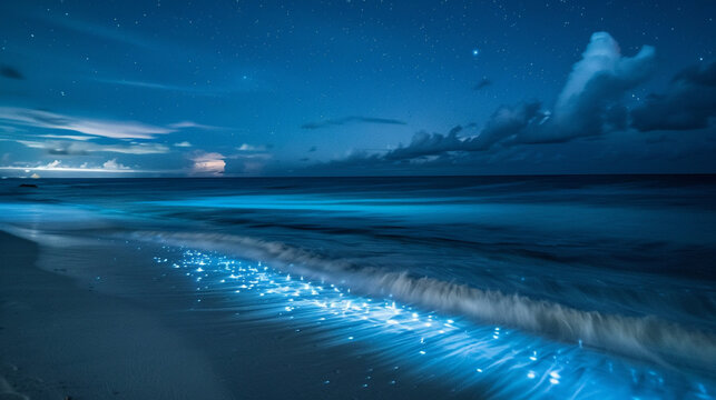 A long exposure shot of bioluminescent waves glowing in neon blue at Vaadhoo Island, Maldives.