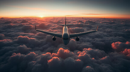 Airplane flying over the mountains during sunset with a clear view of the sky and clouds