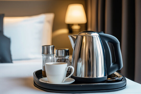 Modern electric kettle on a tray with tea-making essentials in a luxurious hotel room.