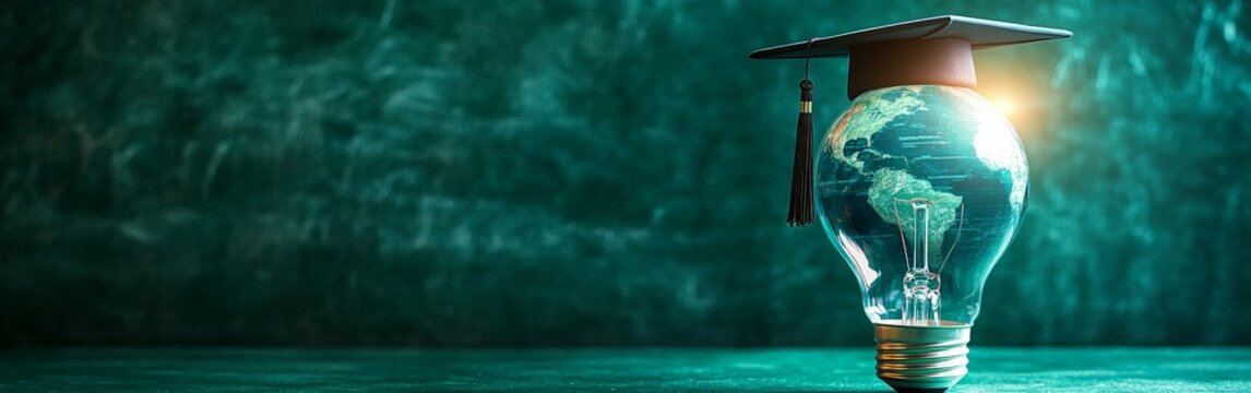 A creative visual of a glowing lightbulb with a globe and a graduation cap, symbolizing innovation in education and global learning. Great for educational content and academic campaigns.