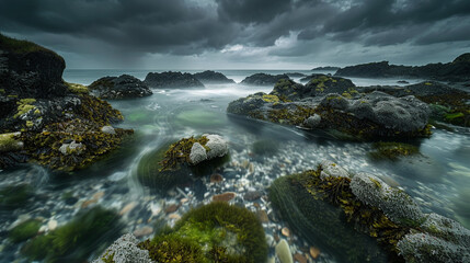Fototapeta premium A mystical long exposure of the Fairy Pools in Skye, Scotland, with silky water cascading over mossy rocks.