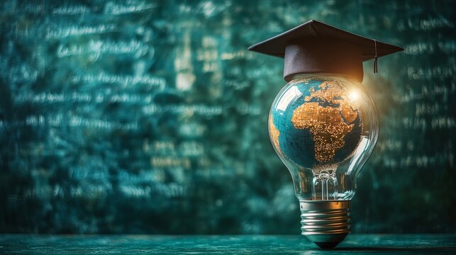 A creative visual of a glowing lightbulb with a globe and a graduation cap, symbolizing innovation in education and global learning. Great for educational content and academic campaigns.