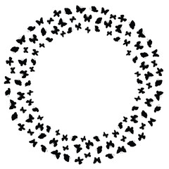 Cute butterflies silhouette round frame. Flying summer insects round border isolated on white background.