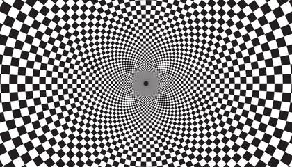 Optical checkered spiral illusion background. Magic psychedelic pattern, swirl illusions and hypnotic abstract card.