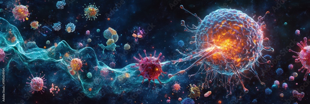 Leinwandbilder Magnified view of human cell under viral attack showcasing intricate interactions and immune response dynamics. Generative AI