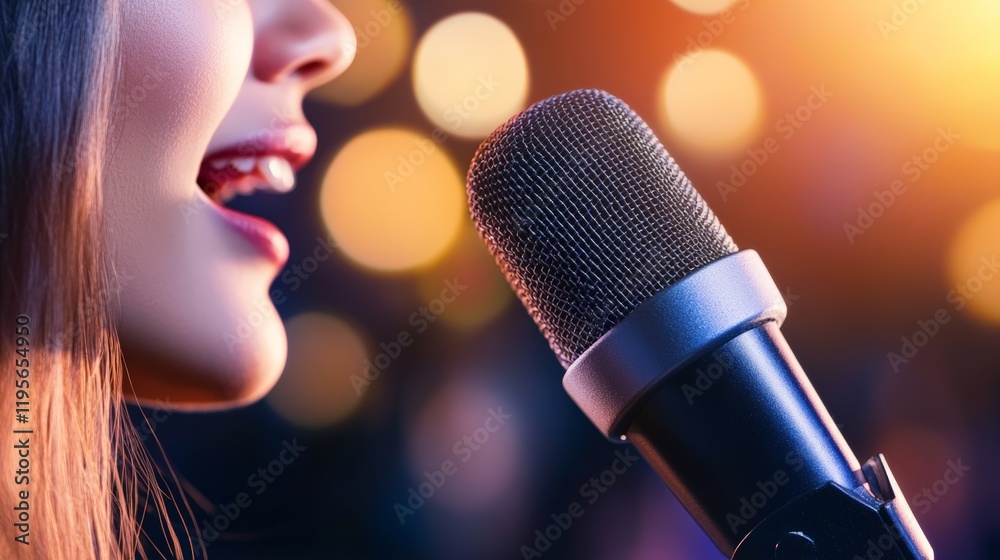 Poster Close up of female singer's mouth singing into microphone on stage with bokeh effect lights in background, creating an exciting atmosphere for live music performance
